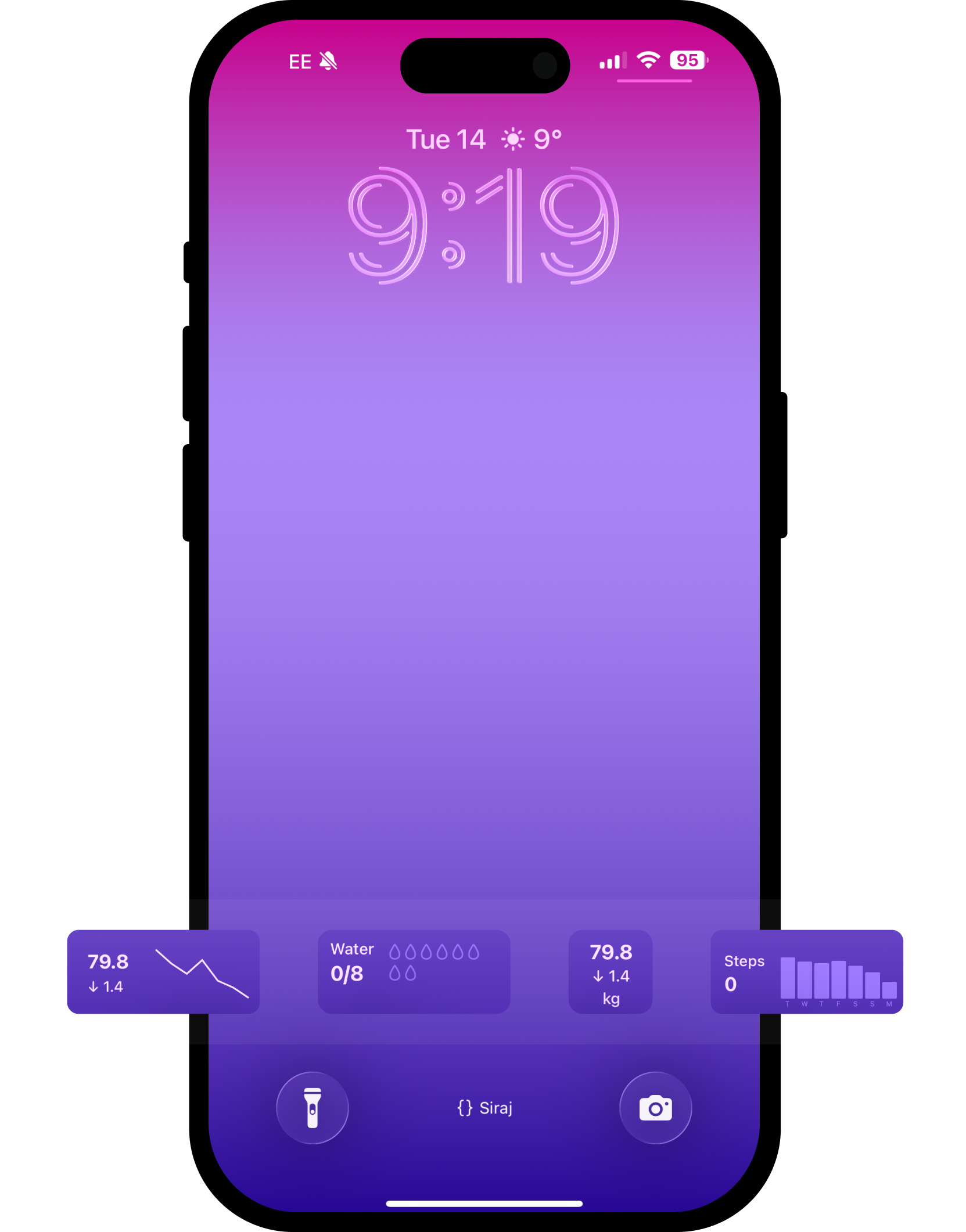 iPhone lock screen showing WayBalance widgets — Weight trend, Water droplets, Steps bar chart, and Weight circular