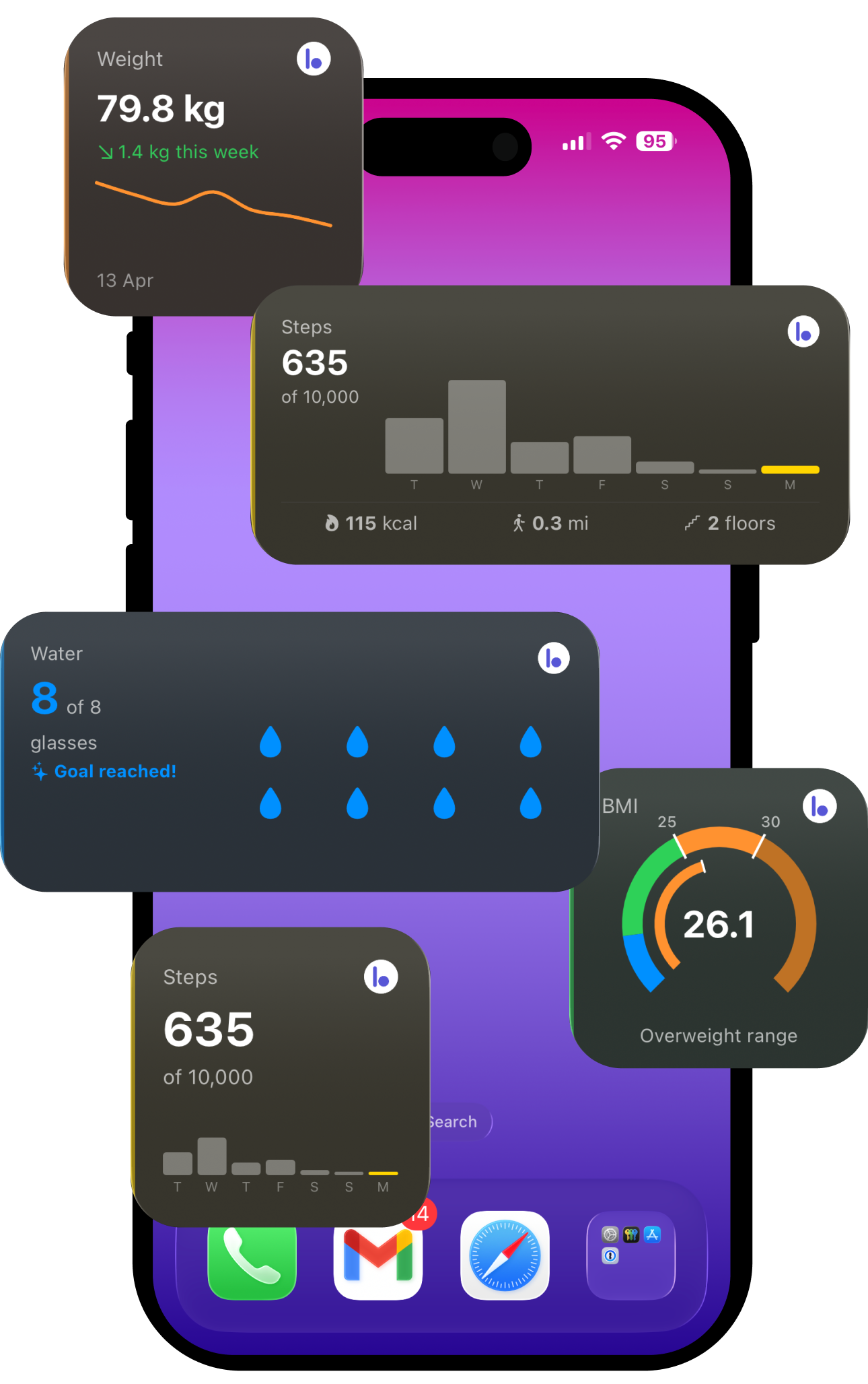 WayBalance home screen widgets — Weight sparkline, Steps bar chart, Water tracker with goal reached, BMI gauge, and Steps at a glance